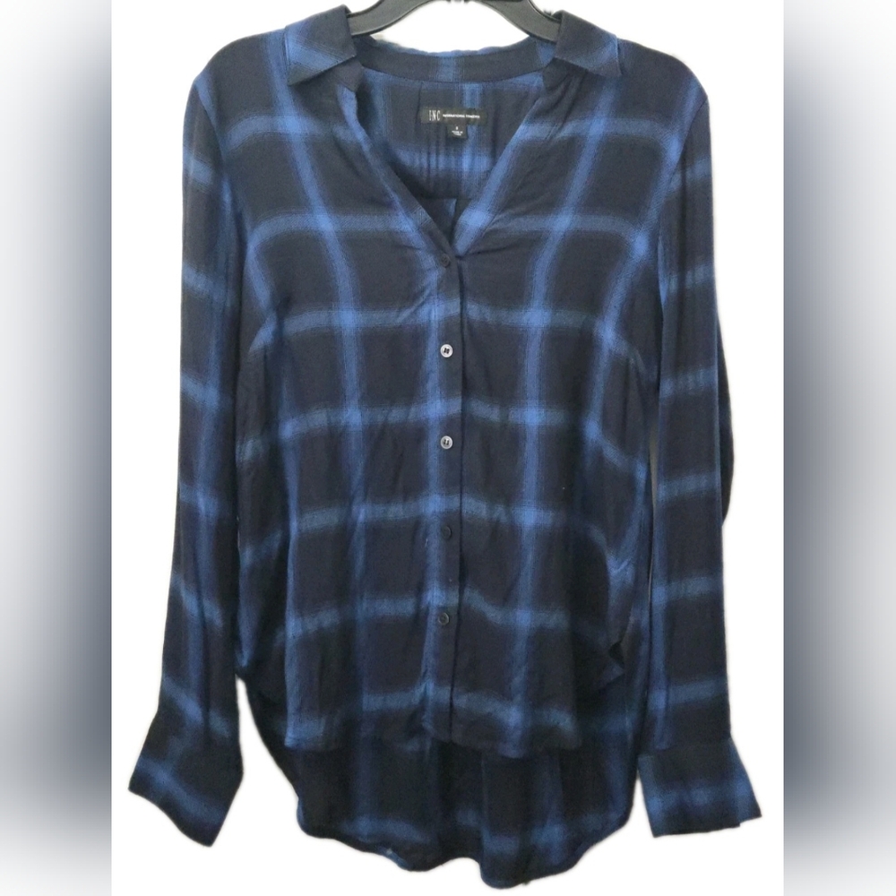 INC International Concepts Navy Plaid Button-Down Shirt- Size Small